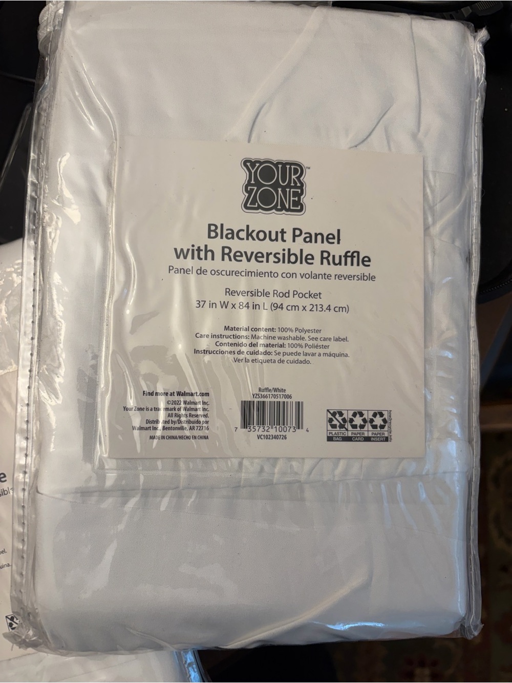 Your Zone White Reversible Ruffle Blackout Curtain Panel 37 x 84